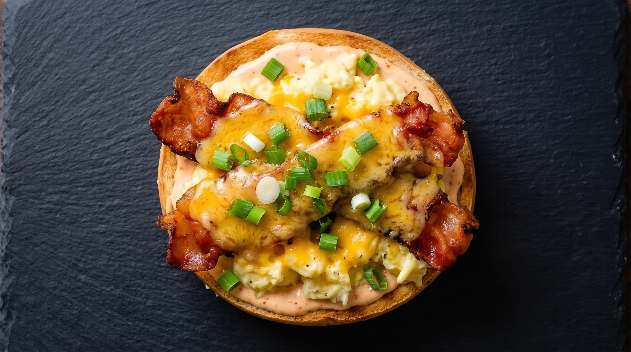 Open-face breakfast bagels topped with scrambled eggs, bacon, cheddar, and green onions