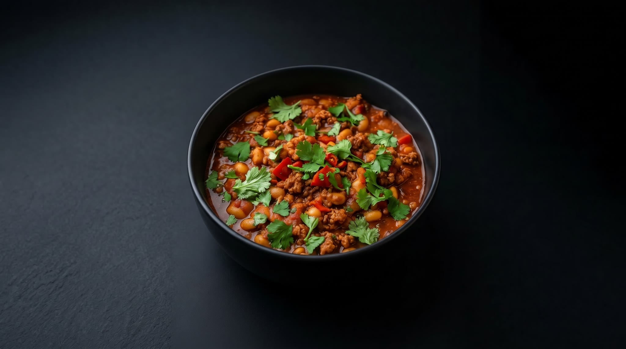 Slow cooker beef and pinto bean chili in a black bowl with red peppers and cilantro