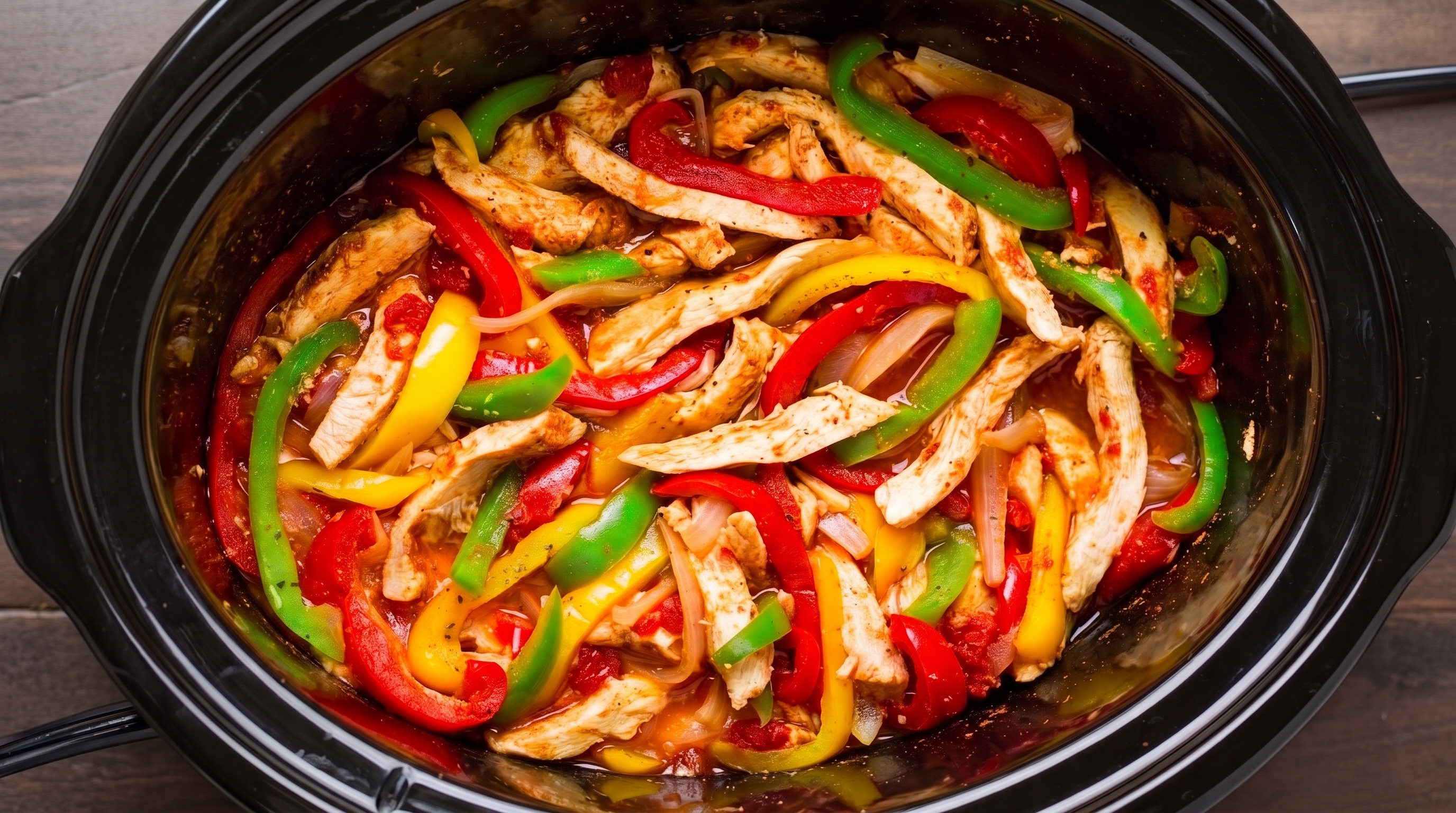 Crockpot Chicken Fajitas with colorful bell peppers and onions