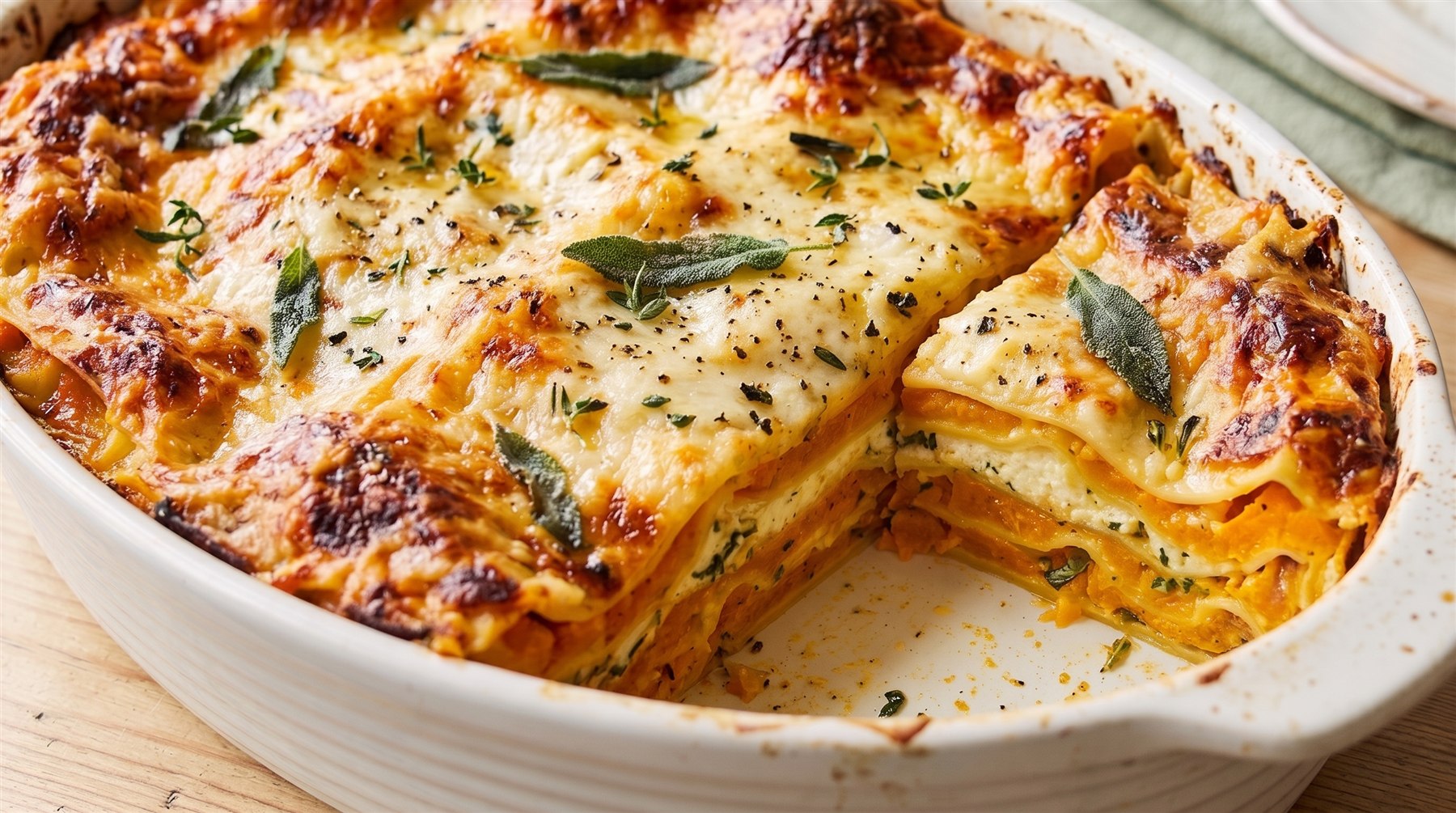 Butternut squash and hazelnut lasagna baked with cheese and fresh sage