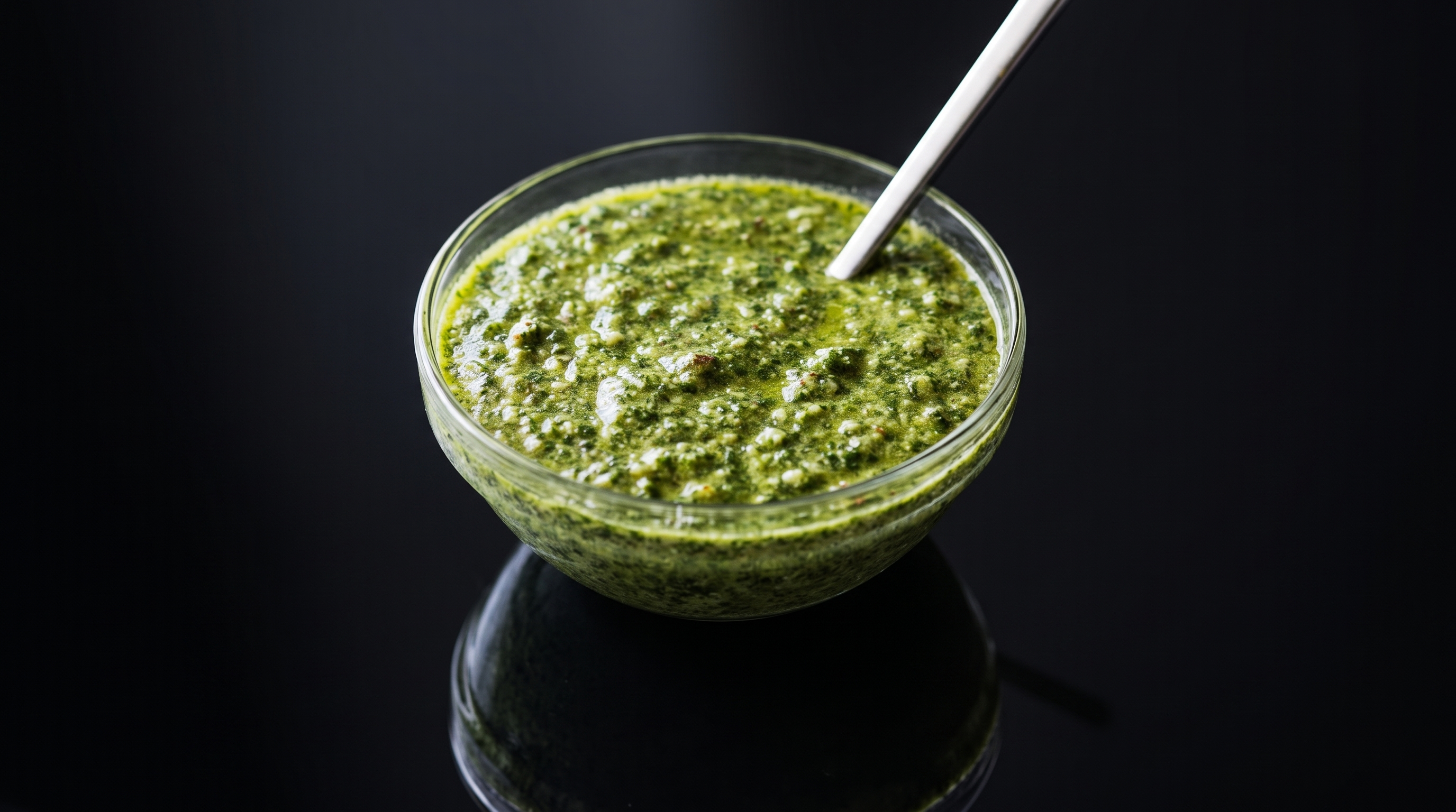 Fresh cilantro pepita pesto in a glass bowl with a spoon